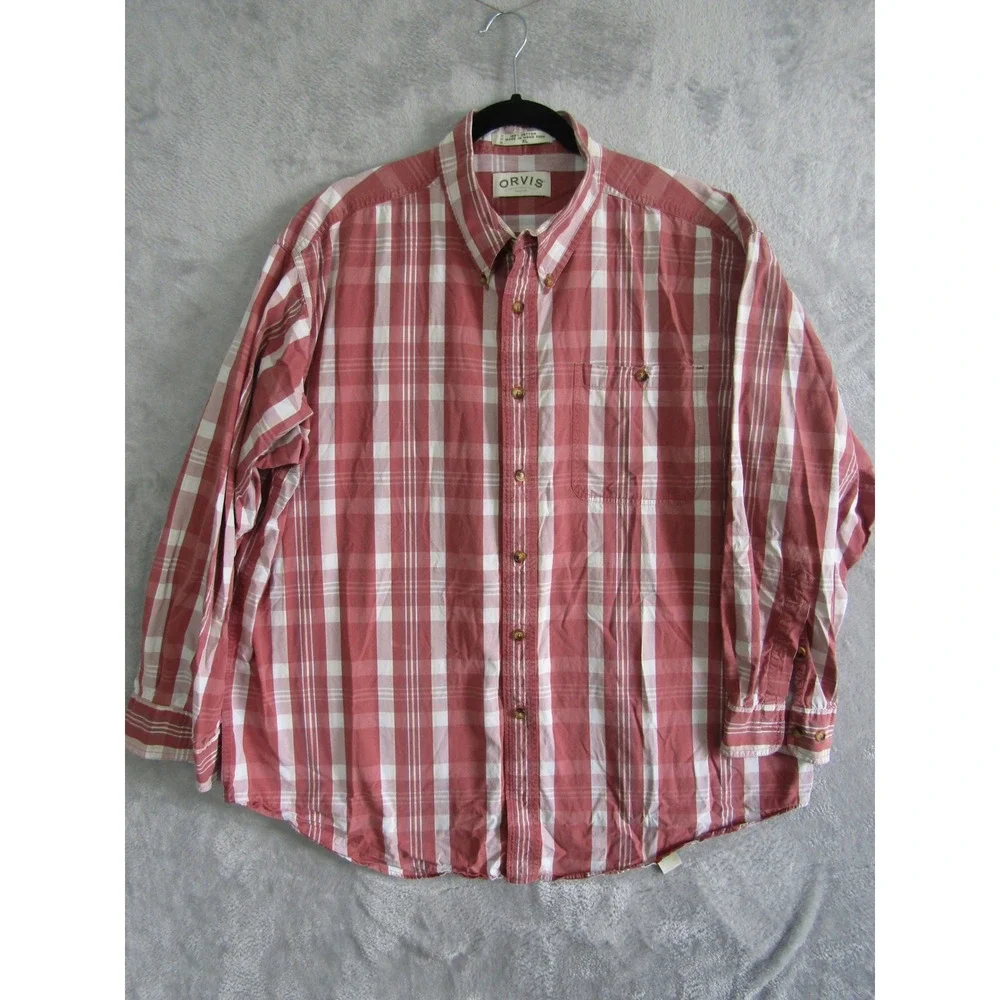 Orvis Men's XL Red White Plaid Long Sleeve Button Up Shirt Cotton Casual Outdoor